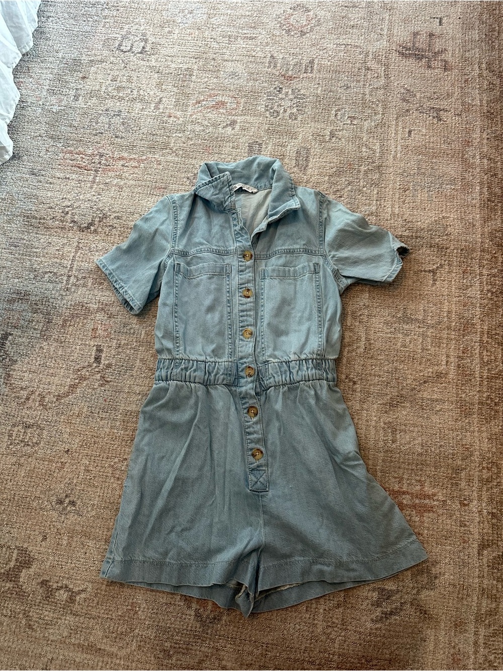 Zara Light Blue Short-Sleeve Denim Romper
